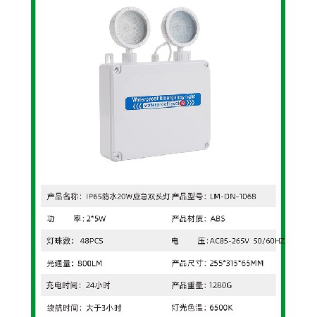 led应急双头灯外贸出口IP65防水20W停电自动应急照明灯批发